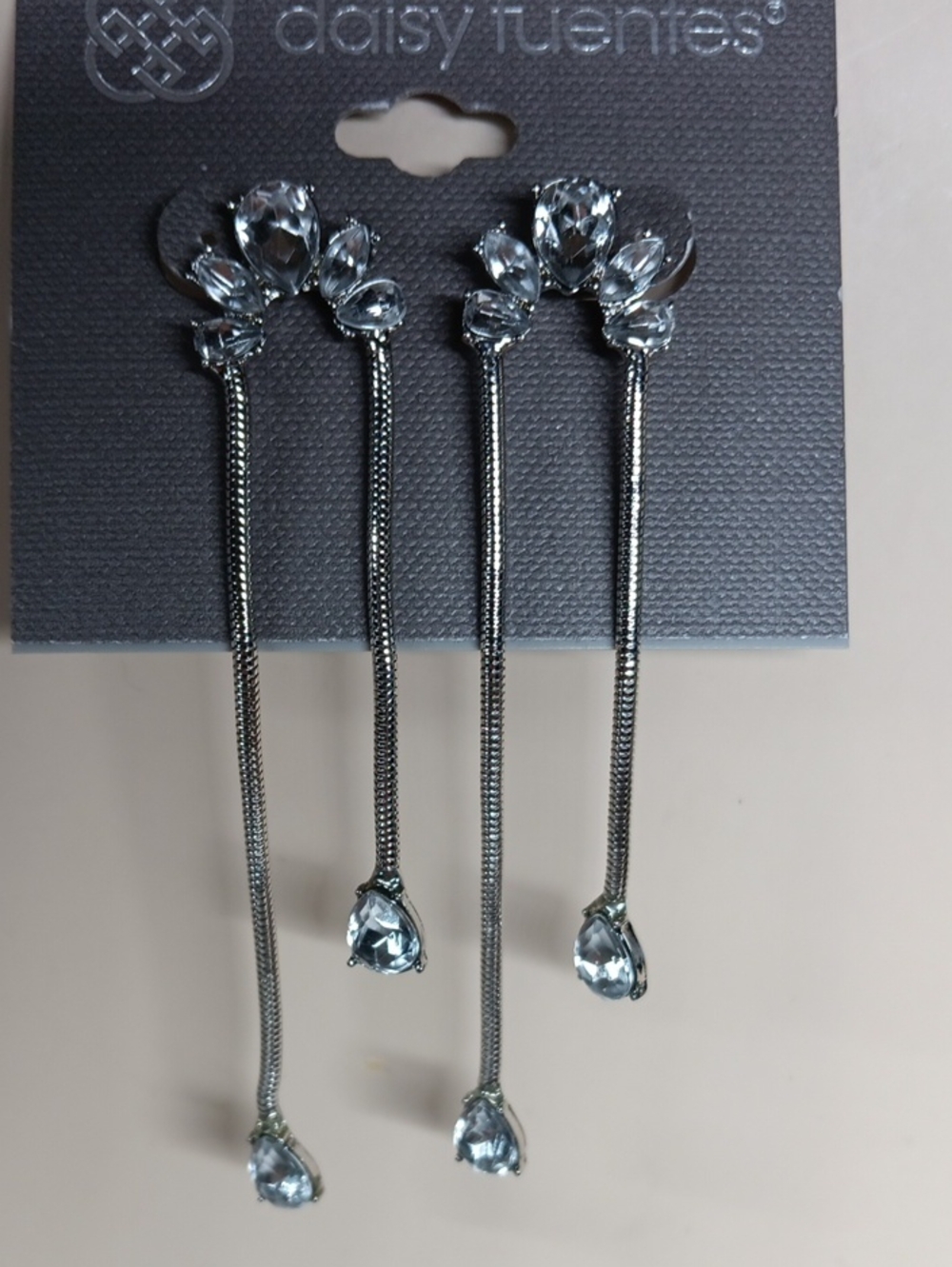 Daisy Fuentes Silver Long Drop Earrings with Clear Teardrop Stones